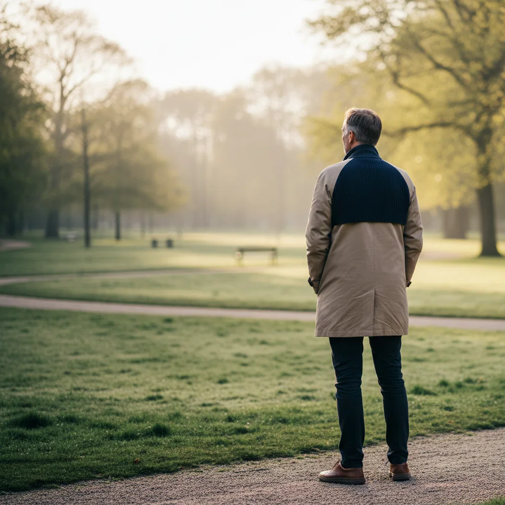 Anonieme man van achteren in een Nederlands park, kijkend naar de horizon